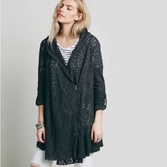 Free People Jackets & Blazers - Free People Doile Lace Textured Asymmetrical Hooded Zip Cardigan Gray